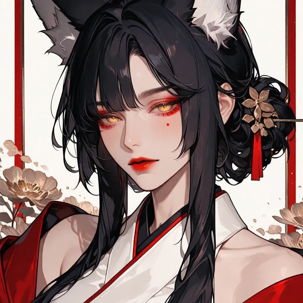 1girl, animal ear fluff, animal ears, bad-girl, black hair, black nails, bracelet, chest tattoo, cleavage, collarbone, earrings, flower, fox, fox ears, fox girl, fox tail, hair flower, hair ornament, japanese clothes, jewelry, kimono, looking at viewer, makeup, mole under eye, off shoulder, pink flower, red lips, smile, solo, tail, tattoo, upper body, yellow eyes