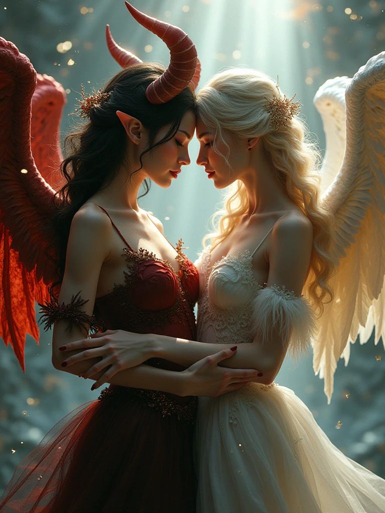 Generate Princess of Heaven and Princess of Hell,who are kissing.The princess of the sky is short,she has brown short hair and blue eyes.She also has white angel wings and a halo..The princess of hell is tall,she has long blonde hair and brown eyes.He also has black horns and a demon tail..