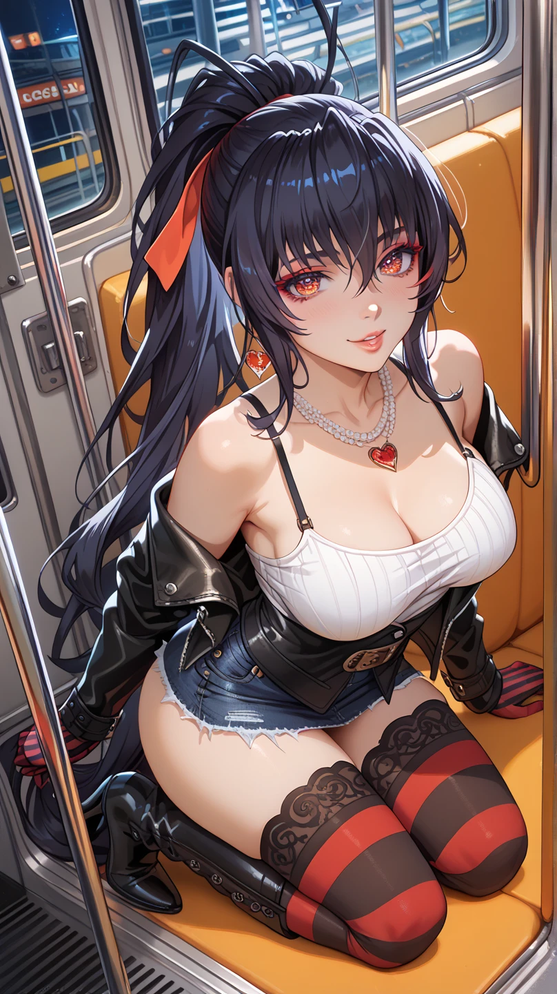 Wife 30 years old，Sexy，Face red，Smile，Black wavy hair，Camisoles，Big breasts，cleavage，Sit on the train seat，Short skirt lift，Spread your legs left and right，Lace exposed，High heel，Red lipstick，dusk