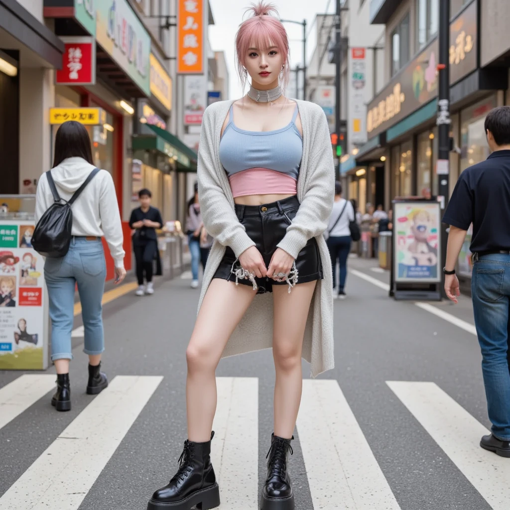 1 girl、18-year-old、show pussy, Tremendously large breasts、(very big  180.0)high school girl、(gray long hair)、(highlight pink hair color)Off-shoulder chest knit sweater、mini skirt、high heels、Fishnet tights、city background、please show me your underwear、(black and purple lace panties)lift up your skirt、profuse sweat on the thighs(1.8)、Low - Angle、disgusted face、action of stepping on something