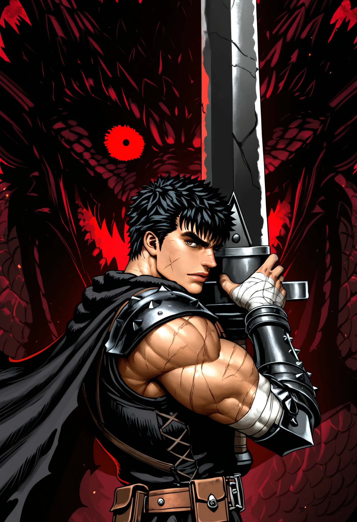very far away view, Masterpiece, High resolution, Absurds, The newest, mid-side view, 1 , \(berserk\),capa negra,Black tunic on the back,armadura leather,blade belt,leather,bandages on the hand,metallic arm,metal prosthesis, Muscular, looking at the viewer, darkness \(expression\), Risa sycopata, crazy face, Lips, Nose, scar, short hair, black hair, dynamic pose,movimiento dinamico con la sword, sword al hombro, upper body, (huge sword, huge weapon:1.2), (Dragon Hunter \(sword\):1.2),Male male ,male approach,Gatsu de Berserk,A black wolf