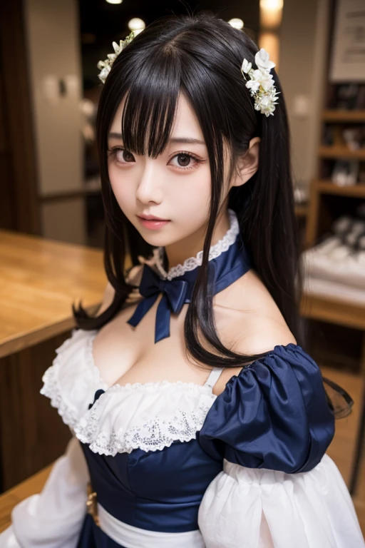 (realistic, photo-realistic:1.37), incredibly absurdres, (insanely detailed:1.3), 8k, (masterpiece), (best quality:1.4), (ultra high res:1.2), (RAW photo:1.2), ultra detailed background, (unity 8k wallpaper), 1 nogizaka girl, utterly cute, bishojo, (15yo), (((honey machine fashion))), (an exquisitely detailed and beautiful face and eyes and skin), (delicate detailed beautiful dress), medium breasts, cleavage, open chest, (detailed black shine hair), (elegant frills), (bow tie), (hair accessory with blue rose), (smile at the camera), cowboy shot, castles scenery in europe, professional lighting