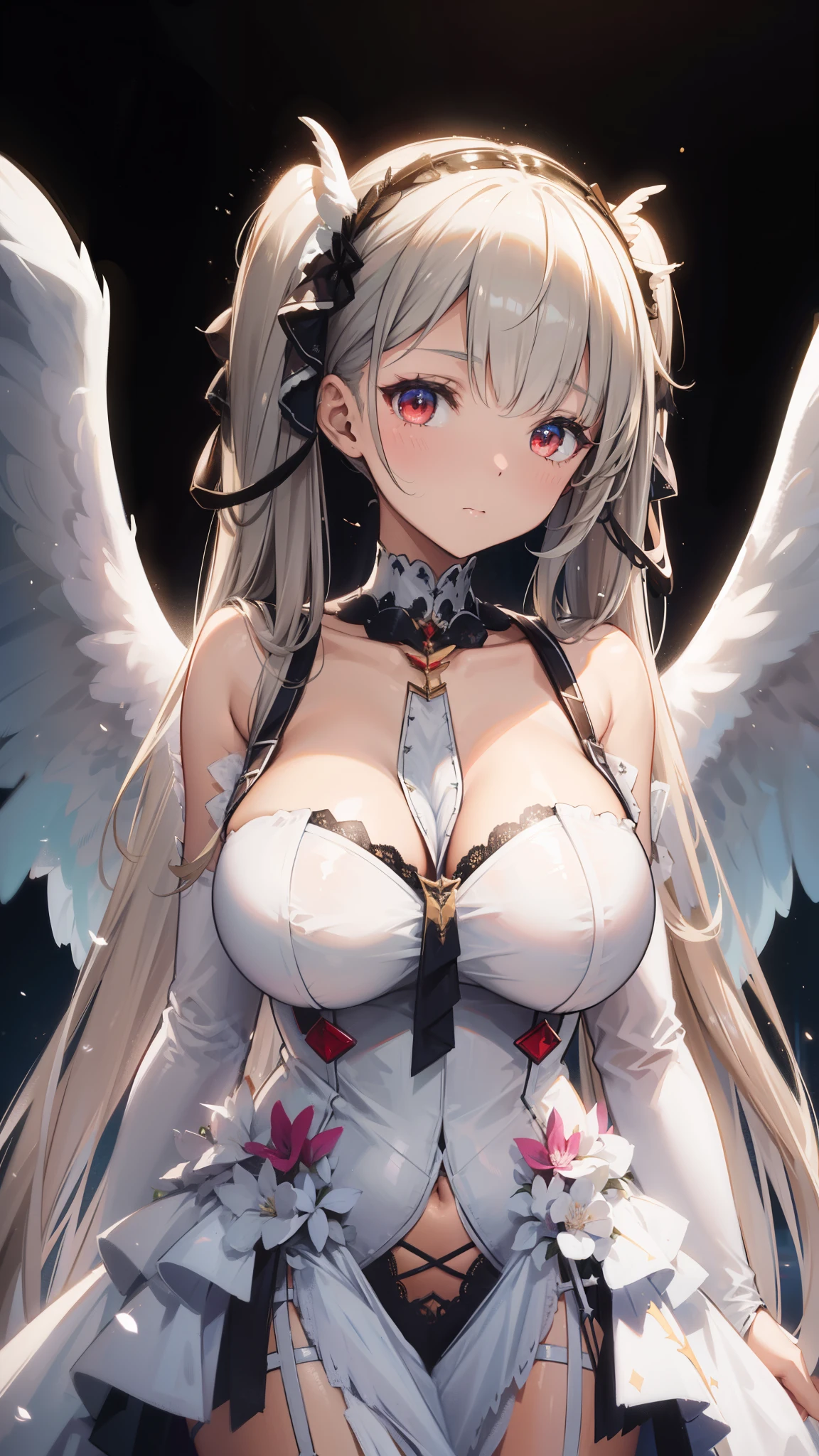 a woman, (white hair, detailed hair), pixiv contest winner, serial art, top rated on pixiv, angel wings, big breast, side boobs, wearing white angel cloth, her face is blushing, embarassed, seductive expression, naughty woman expression, azurlane style, standing, (full body:0.6), full body illustration