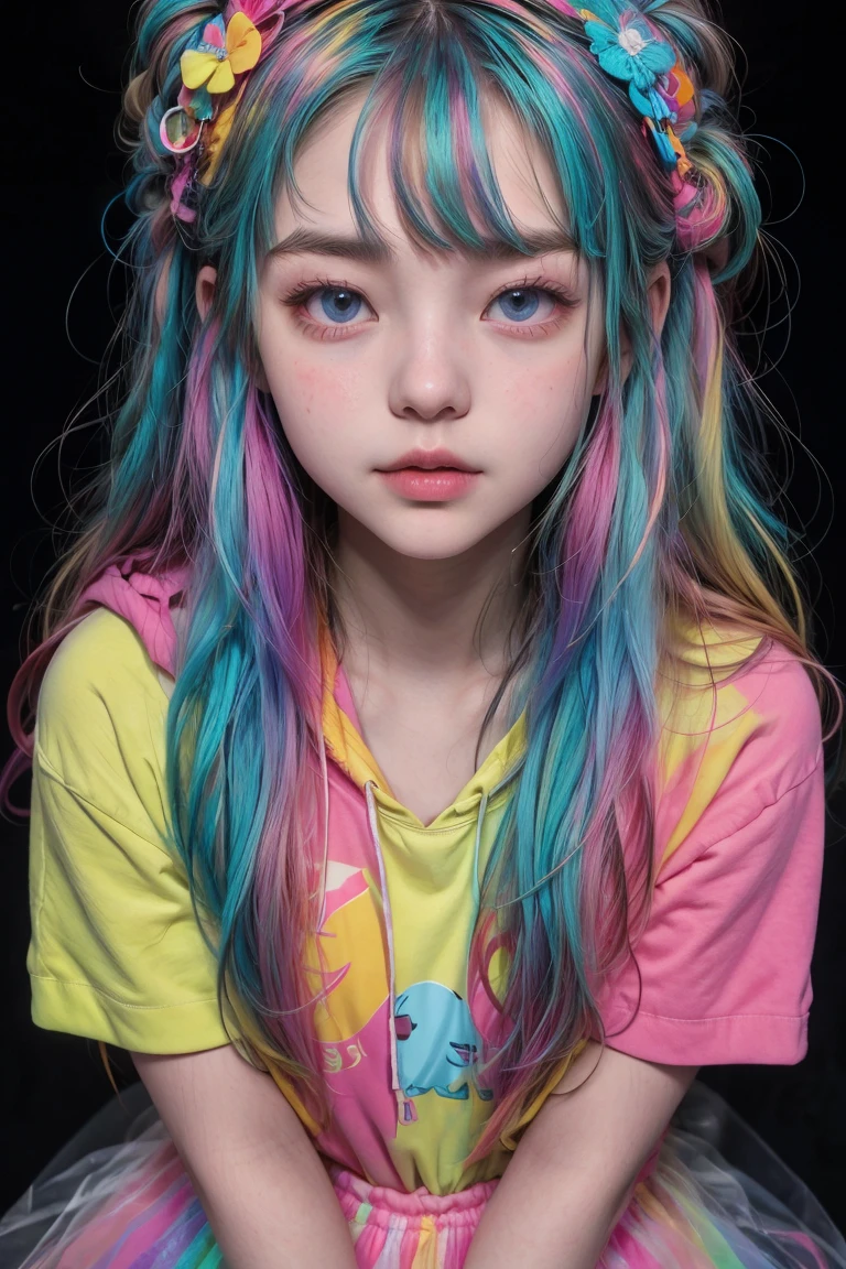 work, Highest quality, Girl with makeup from the 2000s, long 髪 alternative, absurdly long 髪,  Mr.々Colored hair, Aqua Eye, Captivating smile, tongue, Iris, Long eyelashes, Small breasts, Mole on chest, White shirt, Black short skirt, shoes, meanwhile, 
