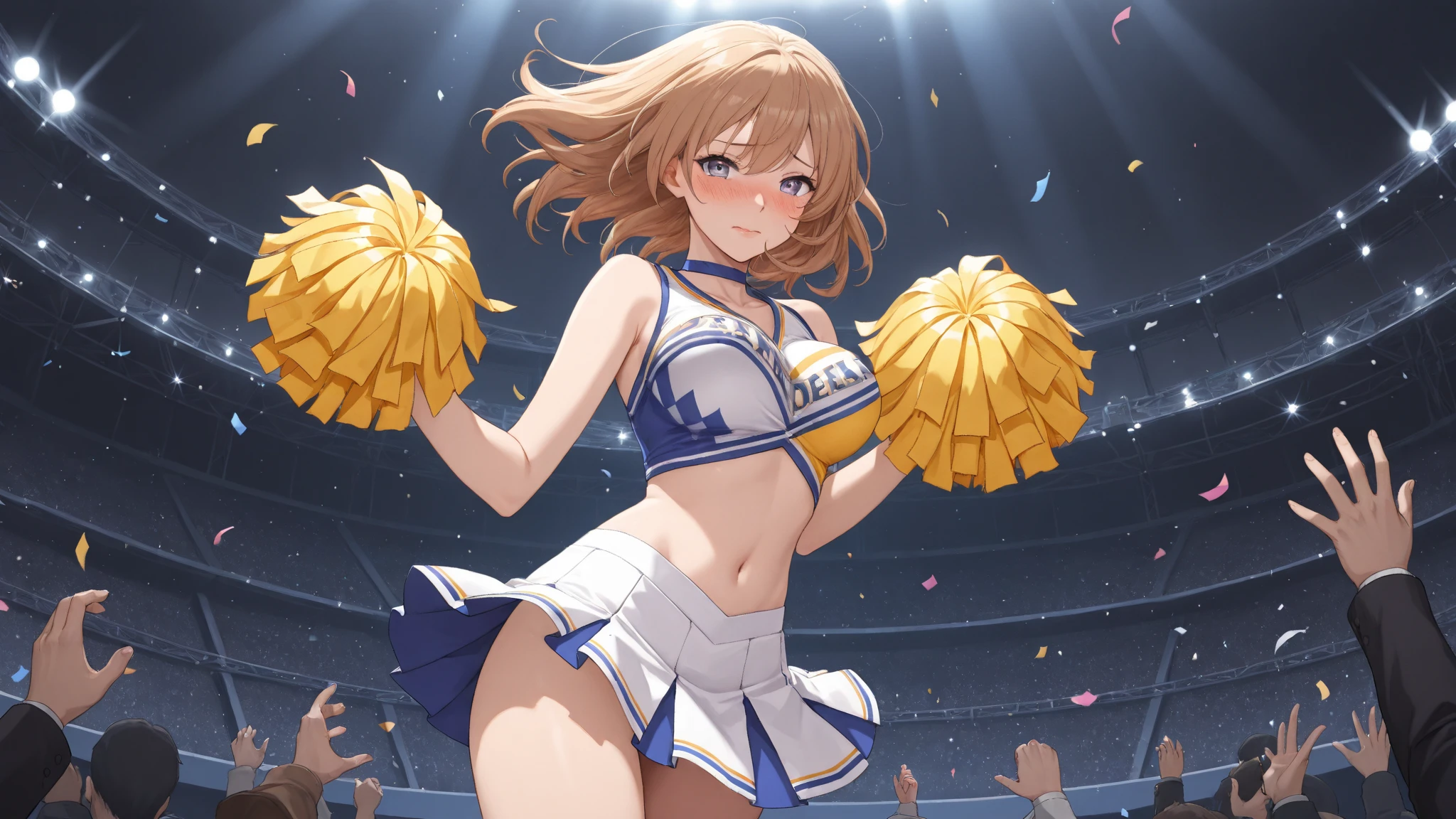 (highest quality:1.2), masterpiece, High resolution, perfect lighting, Lens flare, Cheerleader, jump, long hair, brunette hair, holding a pom pom, gush, Sleeveless with wide open chest, Brilliant, fine eyes, Underwear fully visible skirt that bounces energetically, break ((colorful confetti)), stadium, nice, C cup breasts, sparkling, effect、Underwear fully visible、sexy、smile、extraordinary smile、cute、