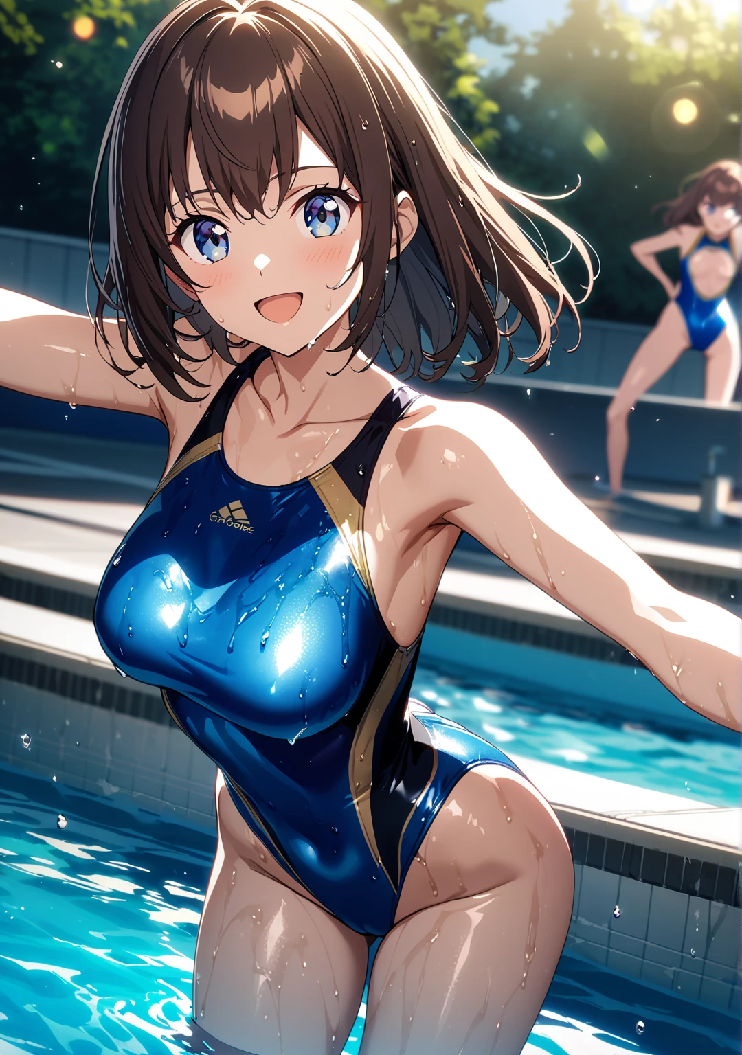 best quality, masterpiece, ultra high res, (photorealistic:1.4), RAW photo,　Big beautiful eyes, Perfect contours,  masterpiece, One girl, Shortcuts, Medium chest, Olympic Swimmer, (one piece, turtleneck,No sleeve), Transparent and clear sapphire glass swimsuit, 　tight high leg swimsuit, ((Shooting from below, looking up)), Portrait, View your viewers, Outdoor swimming pool, Partially submerged, Wet Skin, smile, Intricate details, Reaching out to the audience