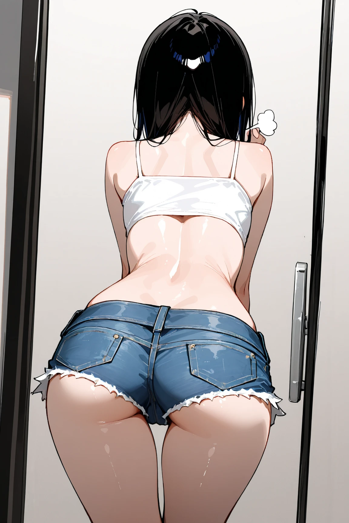 (Best quality, 8k, 32k, Masterpiece, UHD,:1.2),RAW, 1girl,ultra cute , natural lighting,transparent shining eyes, 20yo ,fair complexion, (ecstasy:0.8) ,(slut:0.8), (vulgarity:0.8), (fucked silly:0.8),(steam:0.8),(trembling:1.3)),((tank top, denim short pants, )) ,From Behind and Below, ass focus, kneeling, body-fitting, White background,