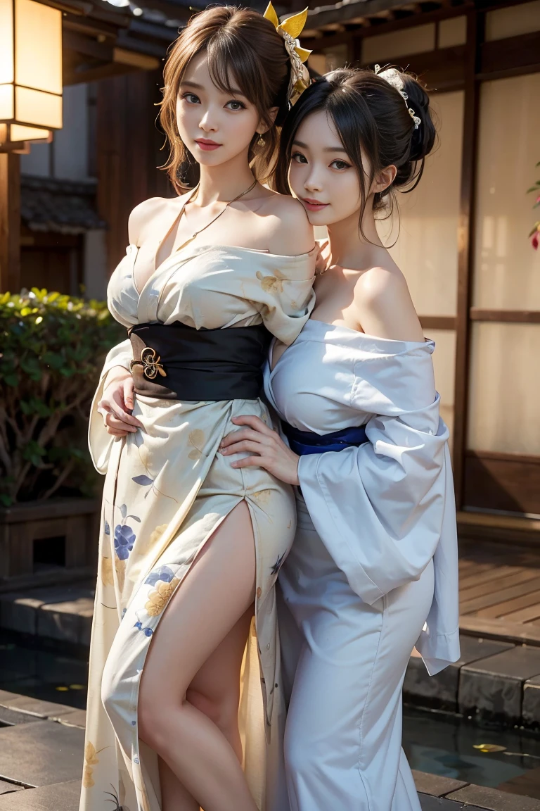 NSFW、最high quality、high quality、best image quality、8K、最High resolution、High resolution、最high quality、masterpiece、Depth of object being written、RAW photo、group photo、realistic atmosphere、(detailed face)、(fine hands、thumb1reference4)、(beauty of japan )、very nice face、cute face、((beautiful japanese girl))、(日本people々woman), ((multiple girls))、((girls hugging each other2people々))、((18 year old beautiful girl))、(glossy black hair)、(straight long hair)、(ponytail)、whole body、slim style、(shiny skin)、(Fair skin, Glossy skin)、本物のpeople々the skin between、リアルなpeople々body structure、perfect body, perfect face, perfect hands, perfect fingers, perfect lips, perfect eyes,perfect teeth、perfect background, perfect atmosphere, natural soft light、photon mapping、samurai kimono、maiko kimono、servant、geisha kimono、japanese kimono、Kimono up to the waist、short kimono、japanese traditional、((floral kimono(Sheer、sexy、transparent、erotic))、In front of a samurai residence in Japan、((random color floral pattern(samurai kimono、Hakama with side slits))