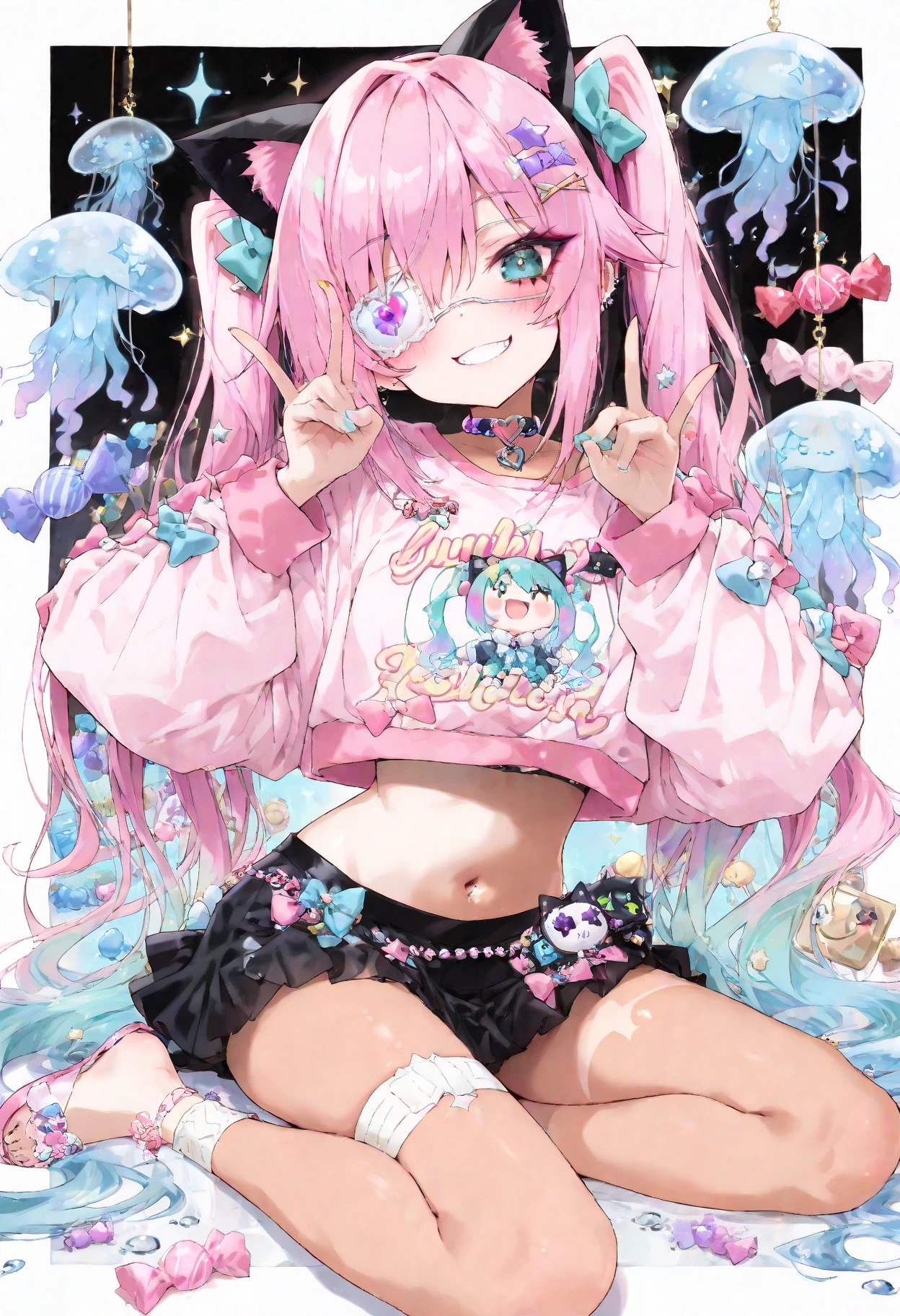 masterpiece, best quality, extremely detailed, (illustration, official art:1.1), 1 girl ,(((( light blue long hair)))), ,(((( light blue long hair)))),light blue hair, ,10 years old, long hair ((blush)) , cute face, big eyes, masterpiece, best quality,(((((a very delicate and beautiful girl))))),Amazing,beautiful detailed eyes,blunt bangs((((little delicate girl)))),tareme(true beautiful:1.2), sense of depth,dynamic angle,,,, affectionate smile, (true beautiful:1.2),,(tiny 1girl model:1.2),)(flat chest), Red hoodie the front is open,wearing a hood,blow bubble gum, pink bubble gum,bob cut,Belly button tank top,denim shorts, choker, (graffiti:1.5), paint splatters, turn your arms behind your back, towards the wall, looking at the viewer , thigh strap, head tilt, was bored,break outdoors, Alley,break looking at viewer, (cowboy shot:1.5), break (masterpiece:1.2), highest quality, High resolution, unity 8k wallpaper, (shape:0.8), (beautiful and detailed eyes:1.6), highly detailed face, perfect lighting, Very detailed CG, (perfect hands, perfect anatomy),