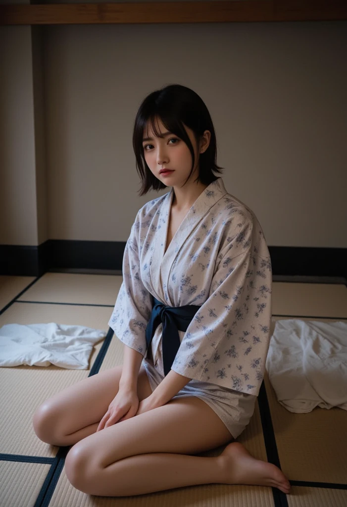 Japanese girl in pajama, short cut hair, round glasses, masterpiece