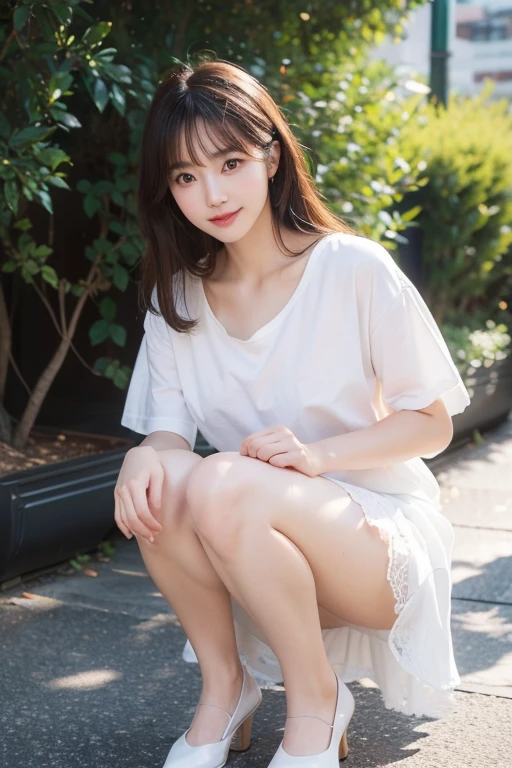 cute woman、cute face、cute smile、10 years old 、full body shot、80mm、well-shaped chest、lazy smile、shrine、torii、cherry blossoms、slim body、beautiful and slim legs、sit on the bench、