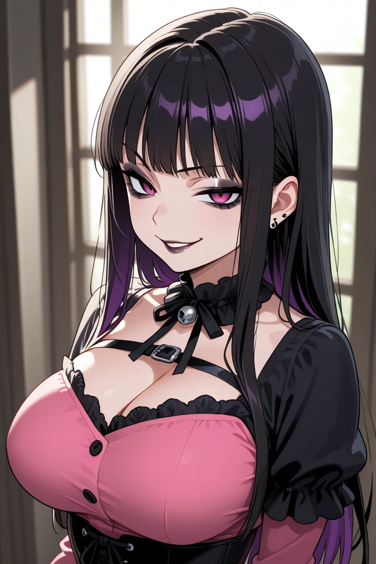 1 girl, milf, purple eyes, hair bangs, very long hair, black choker, black lipstick, black lipstick, Smile, black hair, female , bikini, micro skirt, stockings, bedroom, cowboy shot