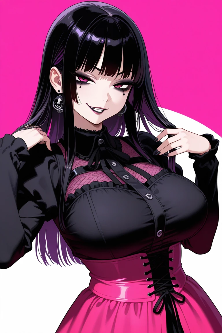 1 girl, milf, purple eyes, very long hair, hair bangs, straight hair black choker, black lipstick, smile, black hair, huge breast, bikini, micro skirt, stockings, cowboy shot, thicc legs