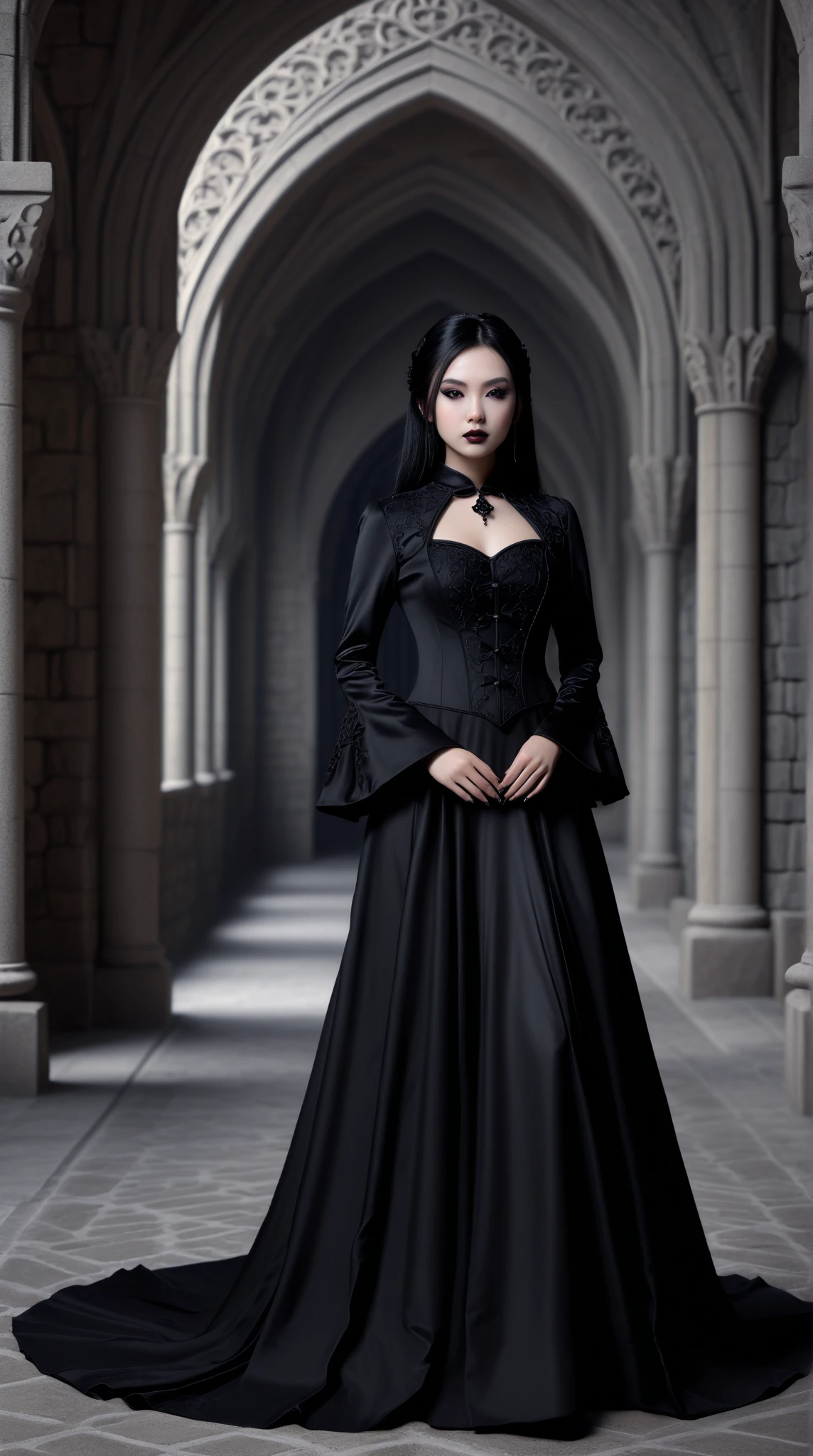 uma mulher de vestido preto SEM CHAPEU COM CABELOS LONGOS E PRETOS  em frente a velas, art of VOLUME GOTHIC DRESS, gothic maiden, arte de estilo fantasia sombria, gothic maiden of the dark, arte de fantasia sombria, arte escura de fantasia, linda rainha OBSCURA , VESTIDO   vitoriana, elegant  vitoriano, in style of arte de fantasia sombria, linda rainha feminina  da maldade , mulher  vitoriano, gothic art, an elegant gothic queen