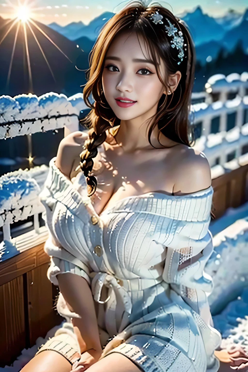 A beautiful woman with long, flowing hair, wearing a cozy, fur-trimmed lingerie set in soft whites and blues, standing in a snowy, winter wonderland setting with twinkling lights and falling snowflakes, (best quality,4k,8k,highres,masterpiece:1.2),ultra-detailed,(realistic,photorealistic,photo-realistic:1.37),intricate details, exquisite lighting, soft focus, ethereal, dreamy, romantic