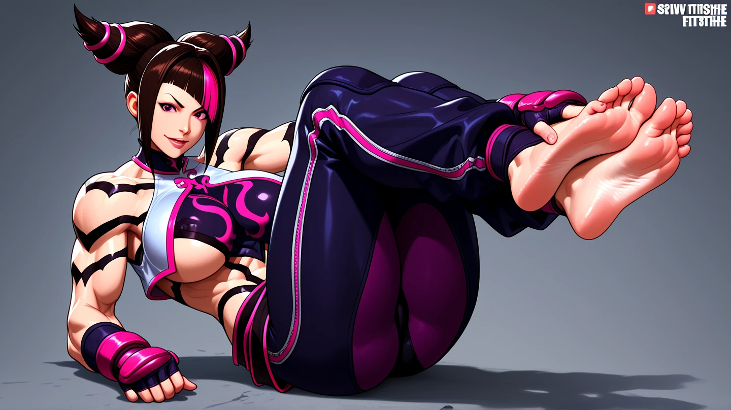 Full body image of Juri Han from Street Fighter 5, wearing her original outfit (black and purple clothes with spiked accents, barefoot with taped feet, and arm guards), short black hair styled in twin buns, female body, athletic and flexible body, dynamic pose, detailed pose, simple background, expressive face showing a mischievous grin, focus on face, line art, sketch