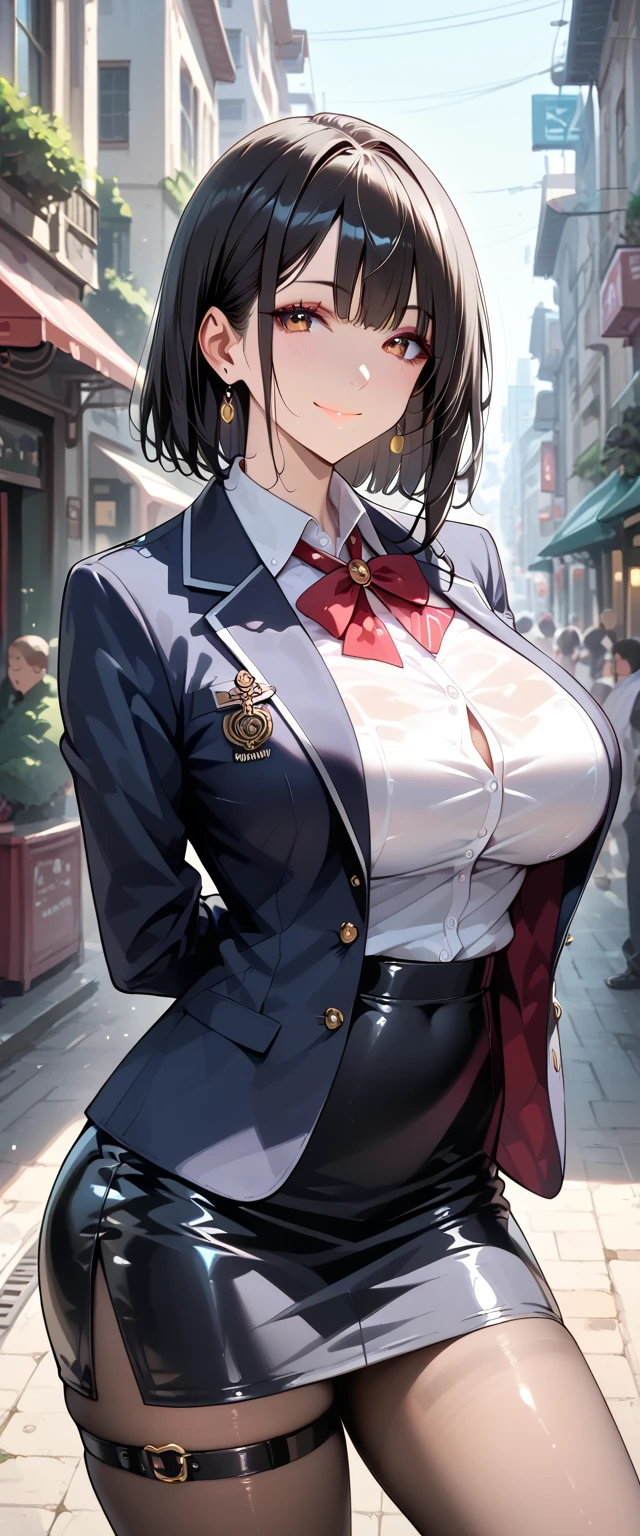 (best quality), (very aesthetic), (ultra-detailed), (best illustration), 1 girl, Solo, fine texture, black hair, long ponytail hair, (large breasts1.2), light brown eyes, collared shirt, blazer, pleated skirt, , bow,red arm band, school,sharp look