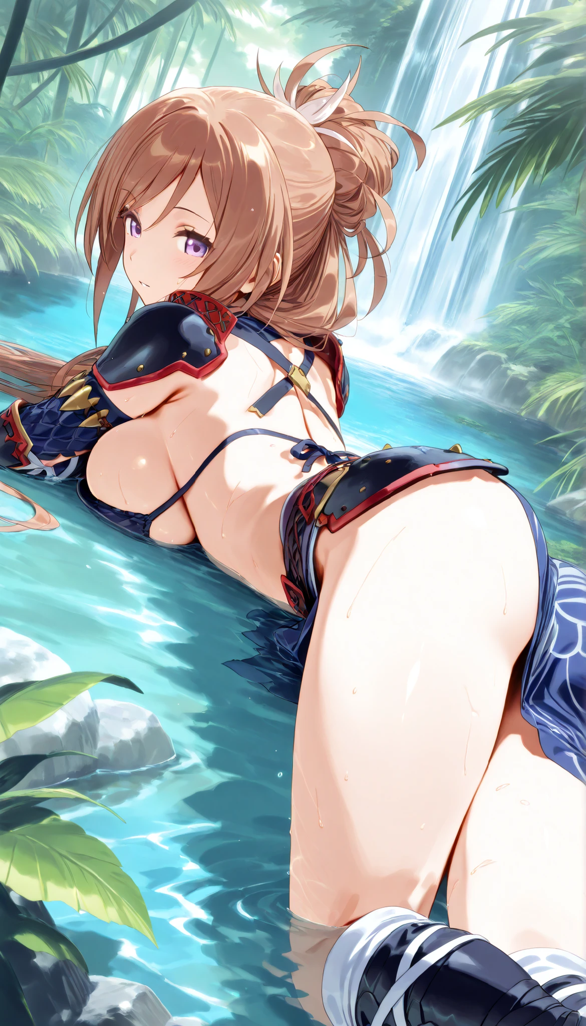 masterpiece, best quality, beautiful art, high resolution, well formed hands, body and fingers, 1 woman, solo, Xiangling, long hair, adult, big breasted, cleavage, hair ribbon, wearing a Leina Vance outfit, loin cloth, full body, sexy and skimpy bikini armor, gorgeous hips, legs and thighs , she is doing exercise, warming up, stretching her body, bouncing breasts, bikini thong, sexy and erotic training, working out, sweating, smiling joyfully and brightly, training montage session, beach environment