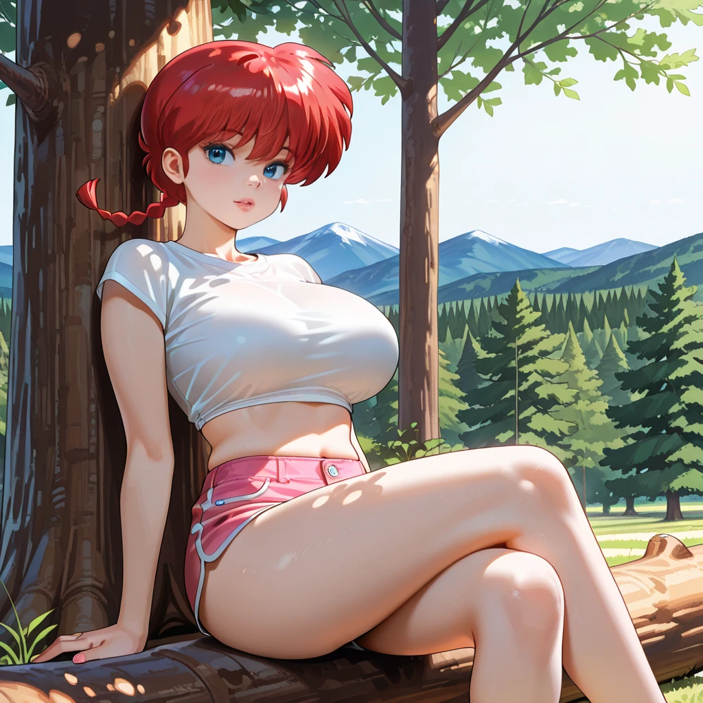 Garota anime sexly com cabelo ruivo com trança, wearing translucent wet pink panties, 15year old, fluffy body, fluffy breasts, with hands fingers in vagina wet clitoris, running your hands over your panties, garota sexly, red hair and braid, locks of hair on the side of the face, beautiful lighting, softshadows, blue colored eyes, pretty legs, legs spread open, short-hair, anime styling, ranma chan, Autora Rumiko Takahashi, Based on a work by Rumiko Takahashi, Anime Ranma 1/ 2, sexly, robust hip, fully body, busto sexly, young man with beautiful and beautiful body, boots on feet, garota de 15year old jovem baixa estatura, usando calcinha sexly, anime girl, anime styling, plein-air, postura sexly, eyes large, wet breasts, Dripping water, drenched panties, legs spread open mostrando a calcinha, showing wet vagina, lingua para fora da boca em expressão sexly, lingua sexly, expressão facial sexly, Showing tongue, pink breast nipples, sitting on the grass flower garden