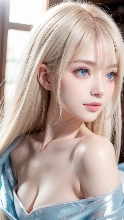 Camisole dress、With collar、With sleeves、Frills、race、forehead、Big Breasts、Northern Europe、Russia、beautiful girl、Platinum Blonde Hair、Straight long hair、Hitting the face and front of the eyes、Big blue eyes、Sheer white and wet nightgown、Northern Europeの若者、Perfect body、White tendons、Glowing Skin、Young and beautiful skin、A perfect and beautiful little face、Bright makeup、Pale pink lips、Bright expression、、lipstick、Deceptive advertising、Viewer's vision、Golden Hour Lighting、Bokeh Atmosphere Perspective、detailed、Movie Light、複雑なdetailed、High resolution、 フェイスデザインのdetailedな特徴、Attention to detail、Clear focus、Smoothness、aesthetics、Printed、Octane、{{masterpiece}}