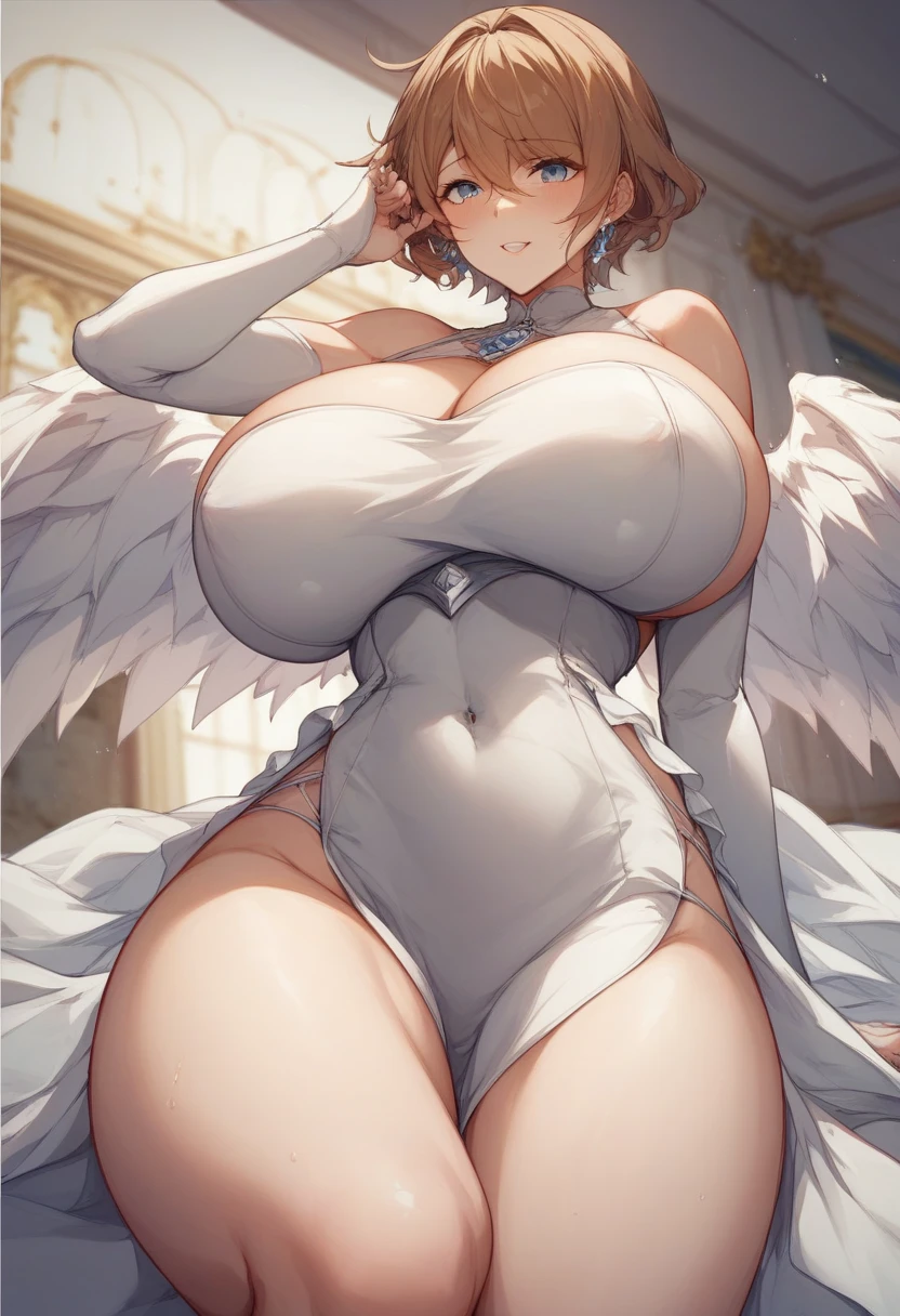 1 girl, game CG, 1 girl, game CG, white leotard, cleavage visible, angel halo, angel wings, bangles, gigantic breasts, silver hair, short hair, french braid, yellow eyes, stars, night, smile, dynamic,