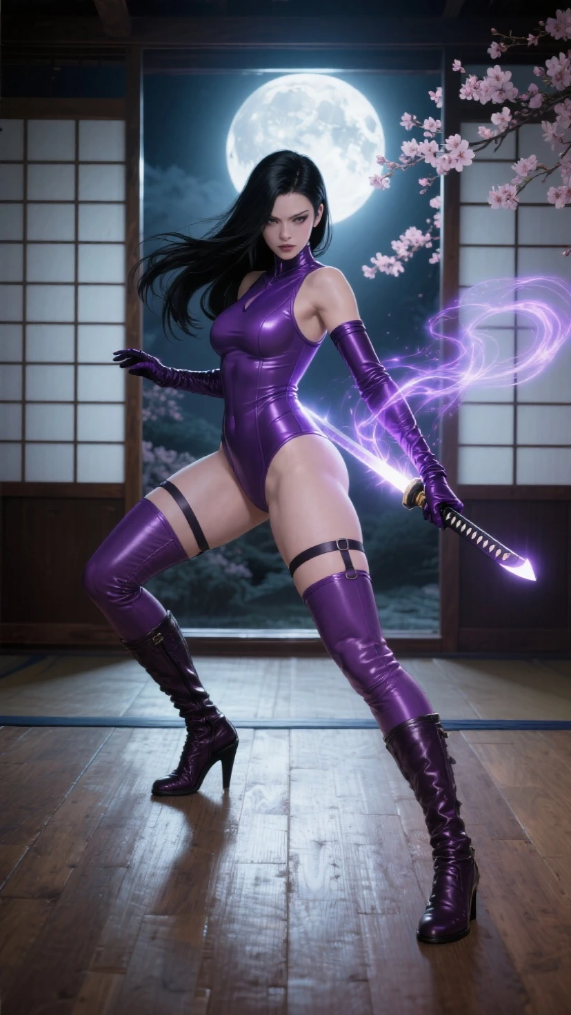 psylocke_main, 1girl, solo, long hair, black hair, thighhighs, gloves, standing, full body, weapon, purple hair, small breasts, boots, sword, high heels, leotard, lips, sash, thigh strap, thigh boots, katana, sheath, bridal gauntlets, high heel boots, blue footwear, stairs, realistic, blue leotard