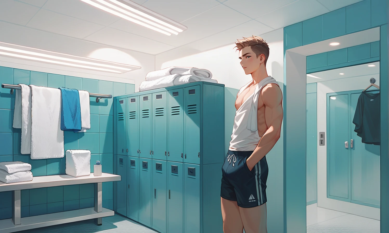 College freshman nerd locked completely naked out of the locker room showers by bullies covering himself desperately and pounding on the door to be let back inside