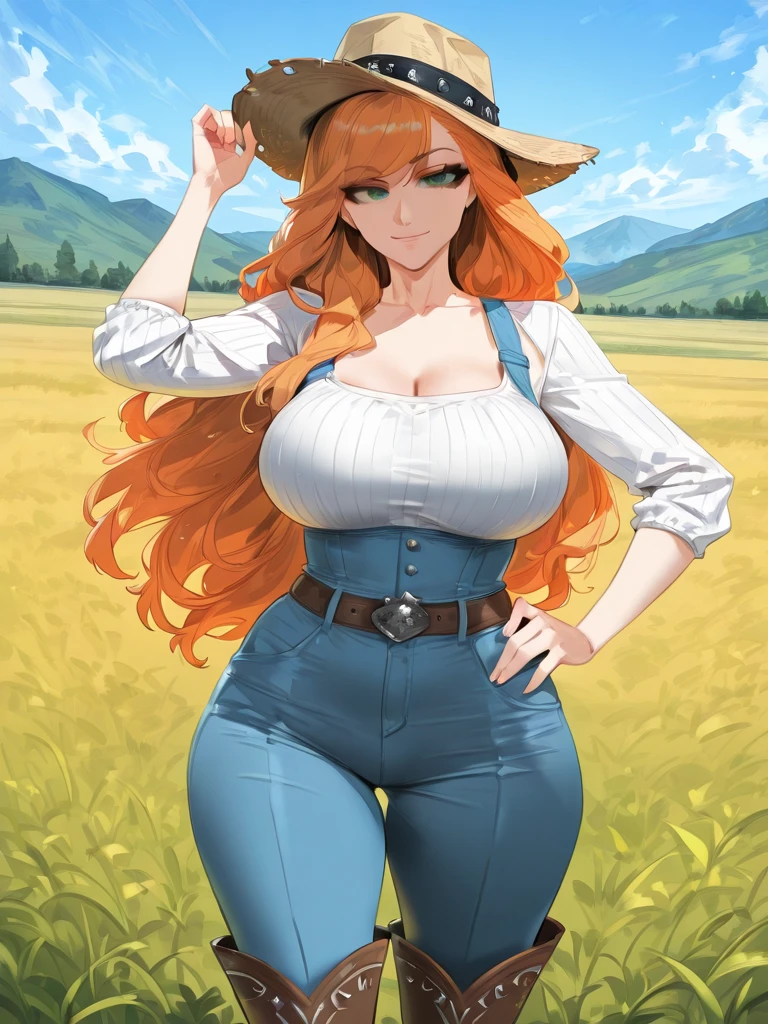 Beautiful woman, 1girl, ((dark skin 1.5)), orange hair hair, ruby red eyes, extremely long hair, hair covering one eye, happy, smiling, blushing, thick_lips, full lips, giant breasts, busty like a pornstar, extreme cleavage, deep cleavage, very thin body, naked overalls, wearing nothing but overalls, sleeveless, bare arms, cleavage, perfect anatomy, countryside background, background, detailed background, ultra-detailed, 4k, 8k, best quality, masterpiece