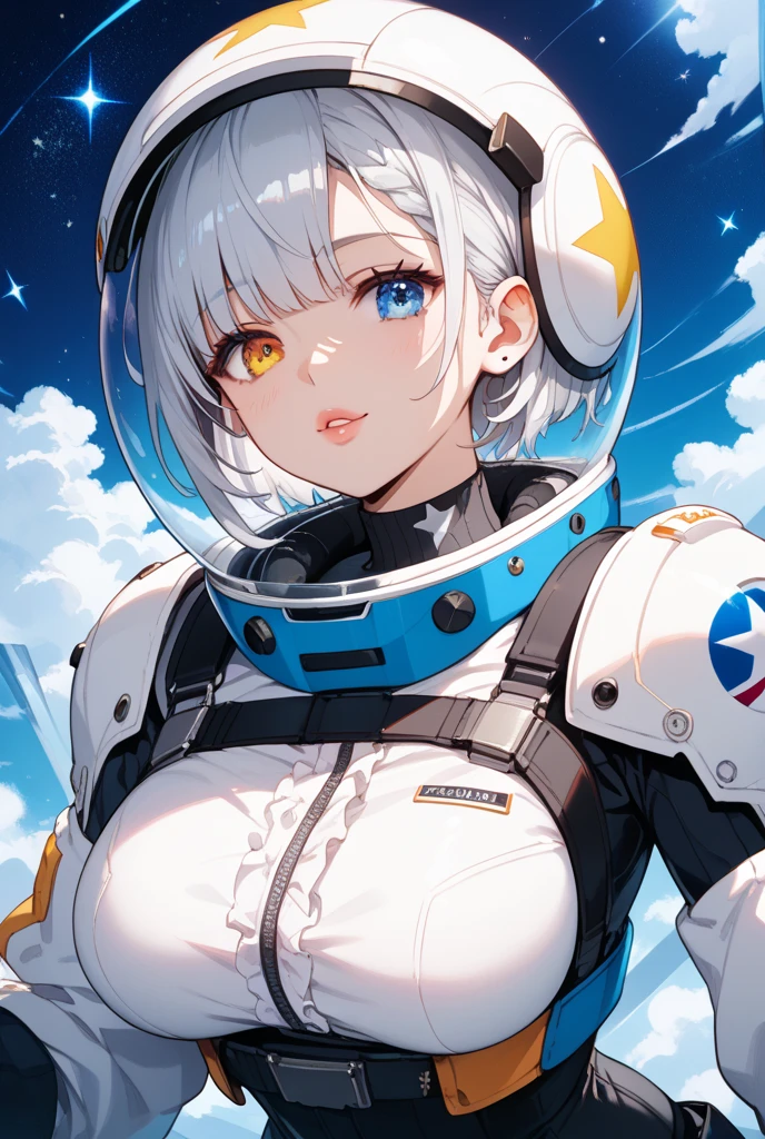 (8K, best quality, masterpiece:1.2),(best quality:1.0), (Ultra-high resolution:1.0), watercolor, A beautiful woman, Shoulder , Extremely bright design, Soft colors, (ink:1.3), Lights from space, Latex tight space suit, Black gloves, White pants, helmet, Fit