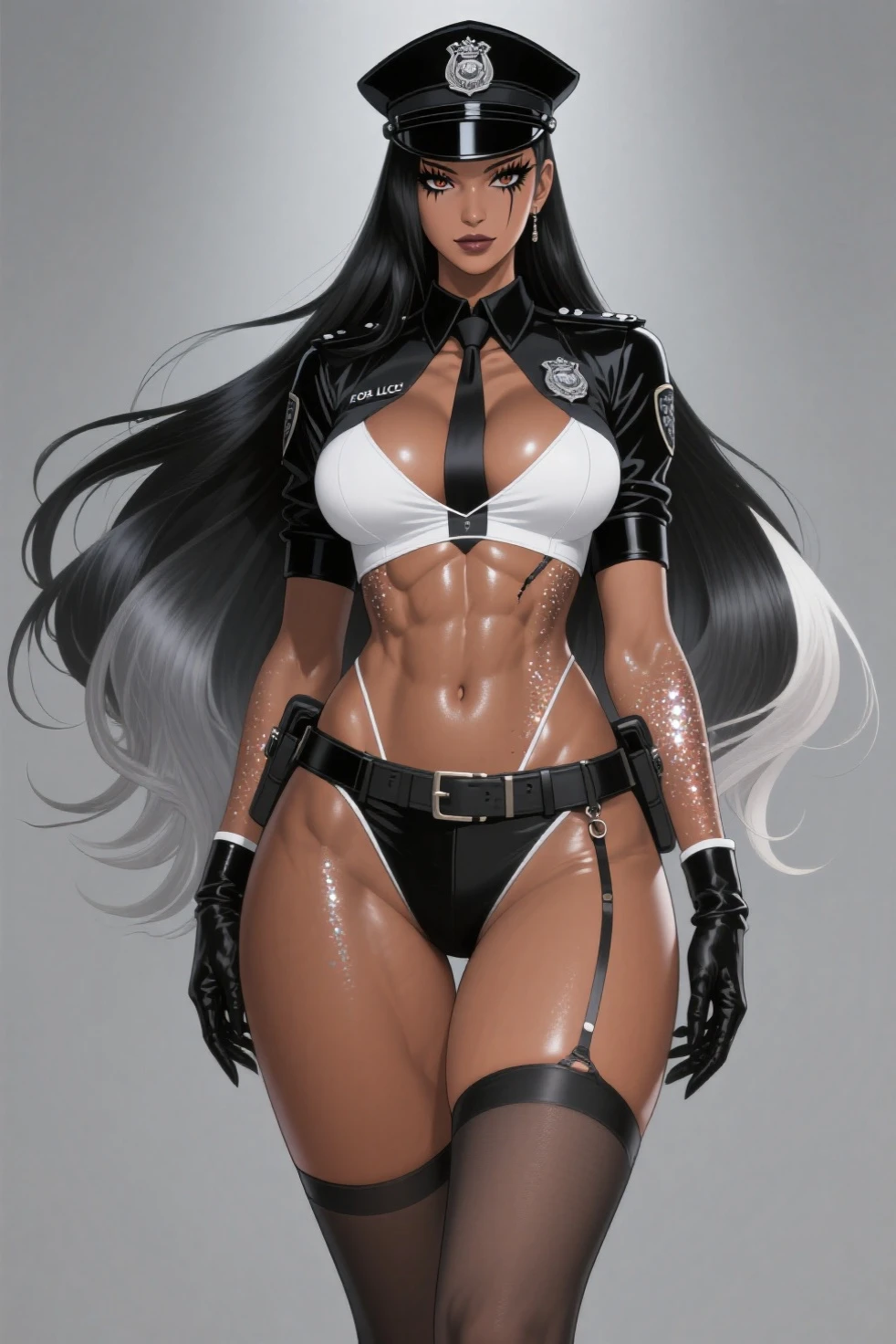 Hot female knight, wearing plate armor, leather pants, full body, nice thighs , dark skin, short black hair, nice butt