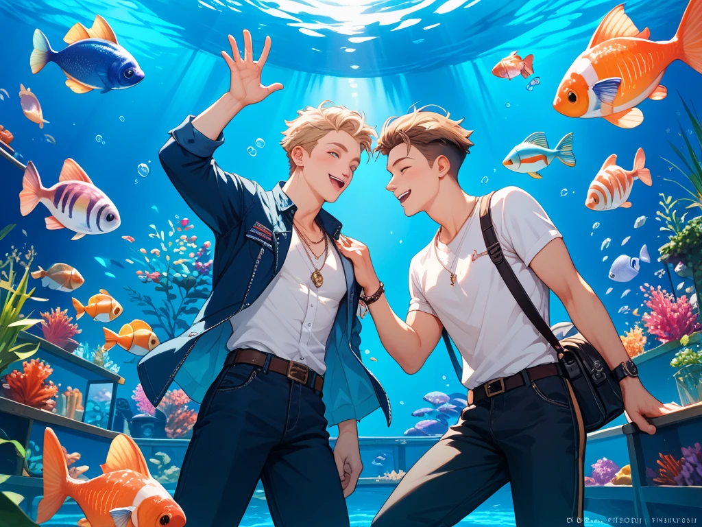 Boys and girls swimming in the sea in clothes with goldfish around --auto