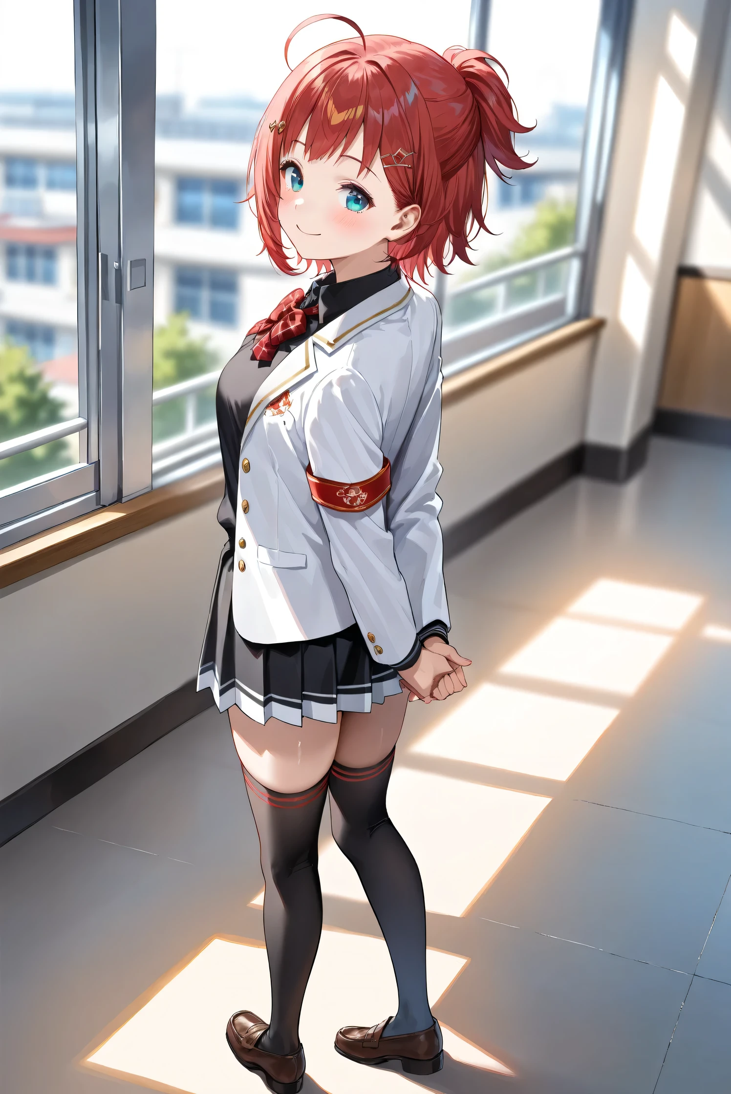 masutepiece, Best Quality, Gudako, Solo, (Chaldean Uniform, White jacket,Black skirt), city center, Looking at Viewer, A smile、(Skirt lift:1.3), (white panties:1.3)、(Skirt that rolls up:1.3)、(Fully exposed panties:1.5)、