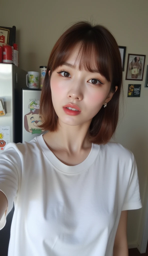 ((Realistic lighting, Best quality, 8K, Masterpiece: 1.3)), Clear focus: 1.2, 1girl, Perfect Figure: 1.4, Slim Abs: 1.1, ((Dark brown hair)), (t-shirt: 1.4), (Indoors, bedroom: 1.1), wrapped in a sheet, Super fine face, Fine eyes, Double eyelids