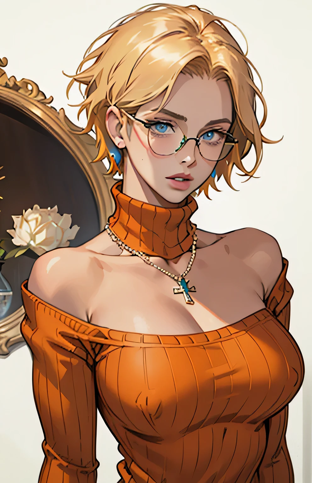 (masterpiece, Highest quality) One girl, Ashley Graham RE, alone, chest, View your viewers, short hair, blue eyes, shirt, Bare shoulders, jewelry, medium chest, Green Eyes, Upper Body, Blonde, parted lips, No sleeve, necklace, sweater, lips, turtleneck, Bobcut, ribbed sweater, Realistic, nose, No sleeve turtleneck, orange shirt, orange sweater,Glasses,