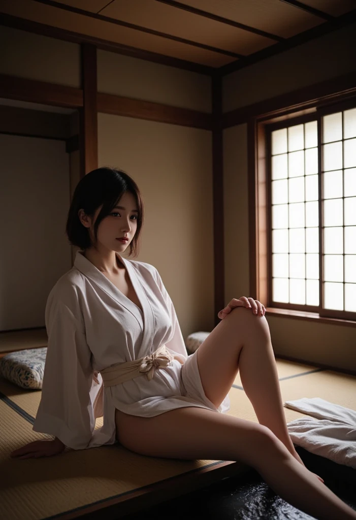 (((nffsw))), (((masutepiece))), (((8K))), (((hight resolution))), (((surrealism))), (((Cinematic lighting))), god rays, Zoom Layer, (((FULL BODYSHOT))), F/4.0, canon, Shiny skin,Detailed skin,Detailed face, Detailed eyes, 15yo girl, short bobbed hair, Smile, Young princess in Japan folktale, The gorgeous kimono peels off and the underwear is visible.、japanese ancient castle, Princess Room