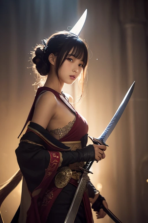model session,1 girl, (innocent face:1.4), wide, (fantasy assassin:1.5), Blue suit, cord:1.5, (corona:1.5), (flower:1.5), Hyper realistic, super detailed, dynamic shooting, Masterpiece, sharp scene details, Perfect eyes, perfect skin, (murderous sword:1.5), (perfect body:1.5),