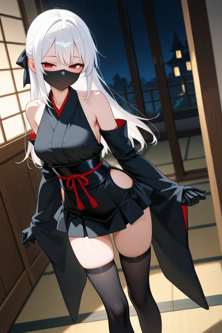 masterpiece, extra limbs,(1 child),(gray shaggy cut), slant eyes, blank navy eyes, flat chest small nipples small areolas,pale white skin athlete skinny body,sullen,on one knee,(((clothed ninja:1.4))),(holding a katana),((alley,midnight,fog))