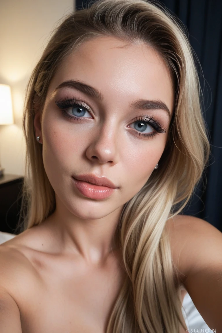 NSFW, Hot, nude, naked, erotic, posing for selfie while receiving sex from behind, Photo of a 20-year-old blonde talker., who has a very natural face,  thin lips, fine eyes, pale white skin, huge breasts, vagina without veil, thin eyebrows, fine nose, earrings, long eyelashes. She makes a cute selfie in a cafe.