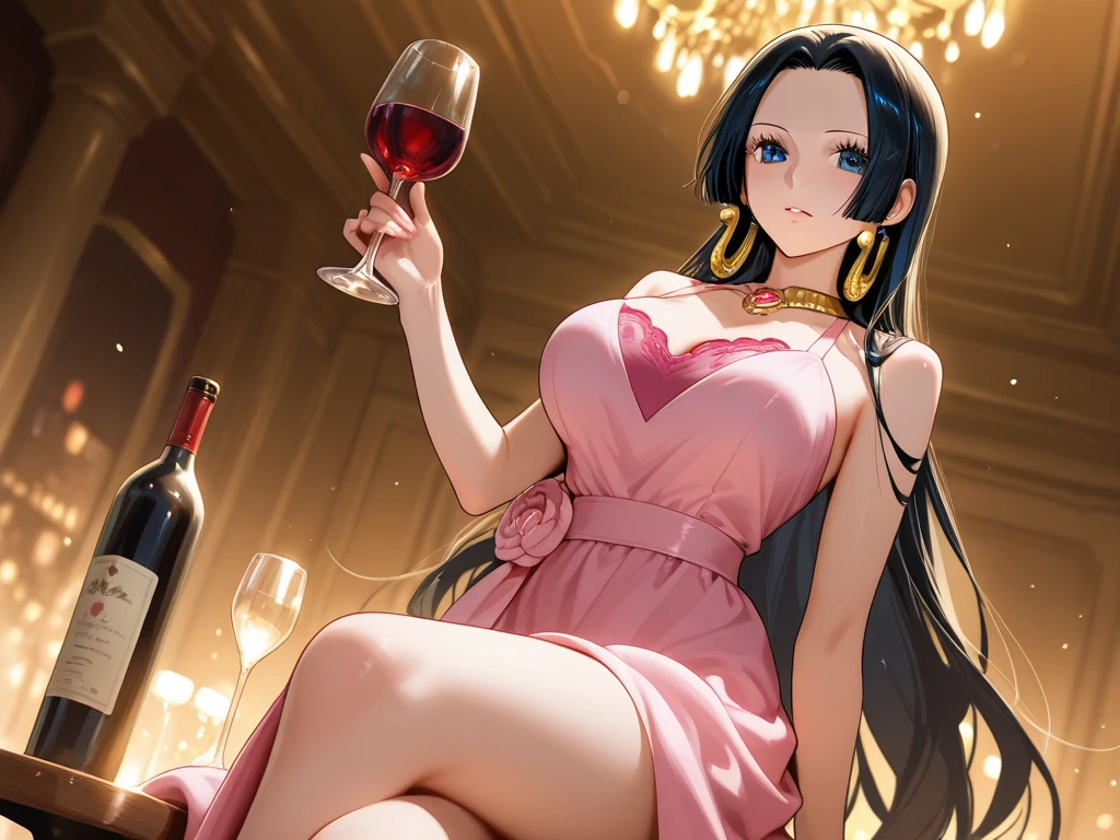 marker \(medium\), traditional media, unparalleled masterpiece, 8k uhd, perfect artwork, mature woman, yor, black hair, red eyes, long hair, photo, anime, ((panties)), red sweater, off shoulders, (((blush))), white head band, golden earings, black straps, smile, wine glass, drunk