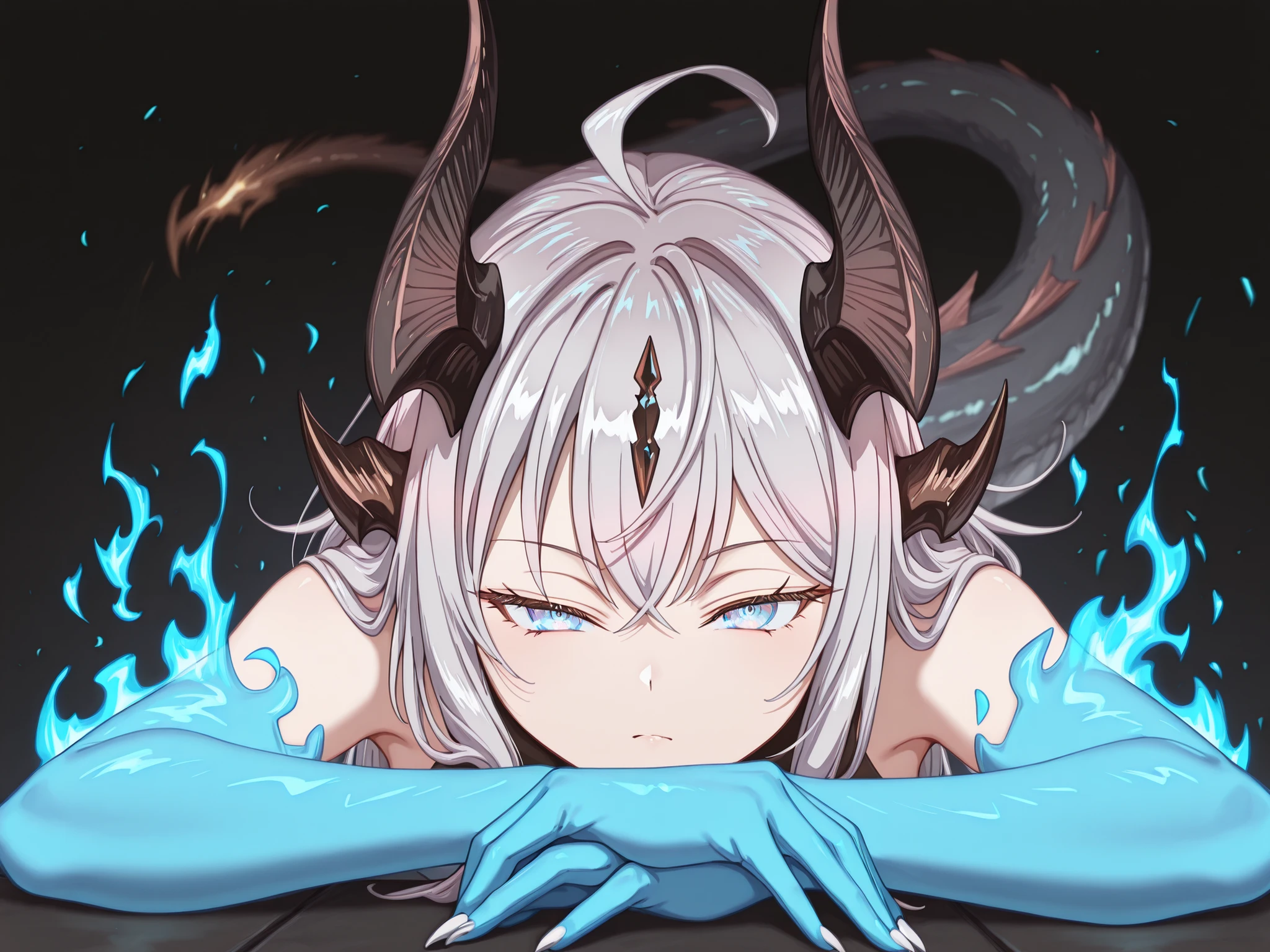 only, 1 garota, facing the viewer, cabelo branco, penteado de Alisa "alia" Mikhailovna Kujou of "alia Sometimes Hides Her Feelings in Russian", rosto de Alisa "alia" Mikhailovna Kujou of "alia Sometimes Hides Her Feelings in Russian", olhos azuis, franjas longas, anatomia perfeita, estudante, Reed's black horns of "arknights", Long black horns, fierce face, rosto provocativo, white dragon tail, blue flame on the tip of the tail, jovem girl, corpo perfeito, jovem, sensual, perfect and beautiful face;

blue arms with black spots, hands with claws, blue hands with black spots;

facing the viewer, cara a cara, fundo preto, pose sensual, bunda grande, seios grandes, Completamente nu, sem roupas, sexy and seductive pose;

attack position, exposed shoulders and head,  perto do rosto , looking at the character, looking at the viewer, cara a cara, sorriso provocante, confiante, cute expression;

Pay attention to the required colors, ,  maximum resolution ;

uma imagem +18, uma imagem sexy;