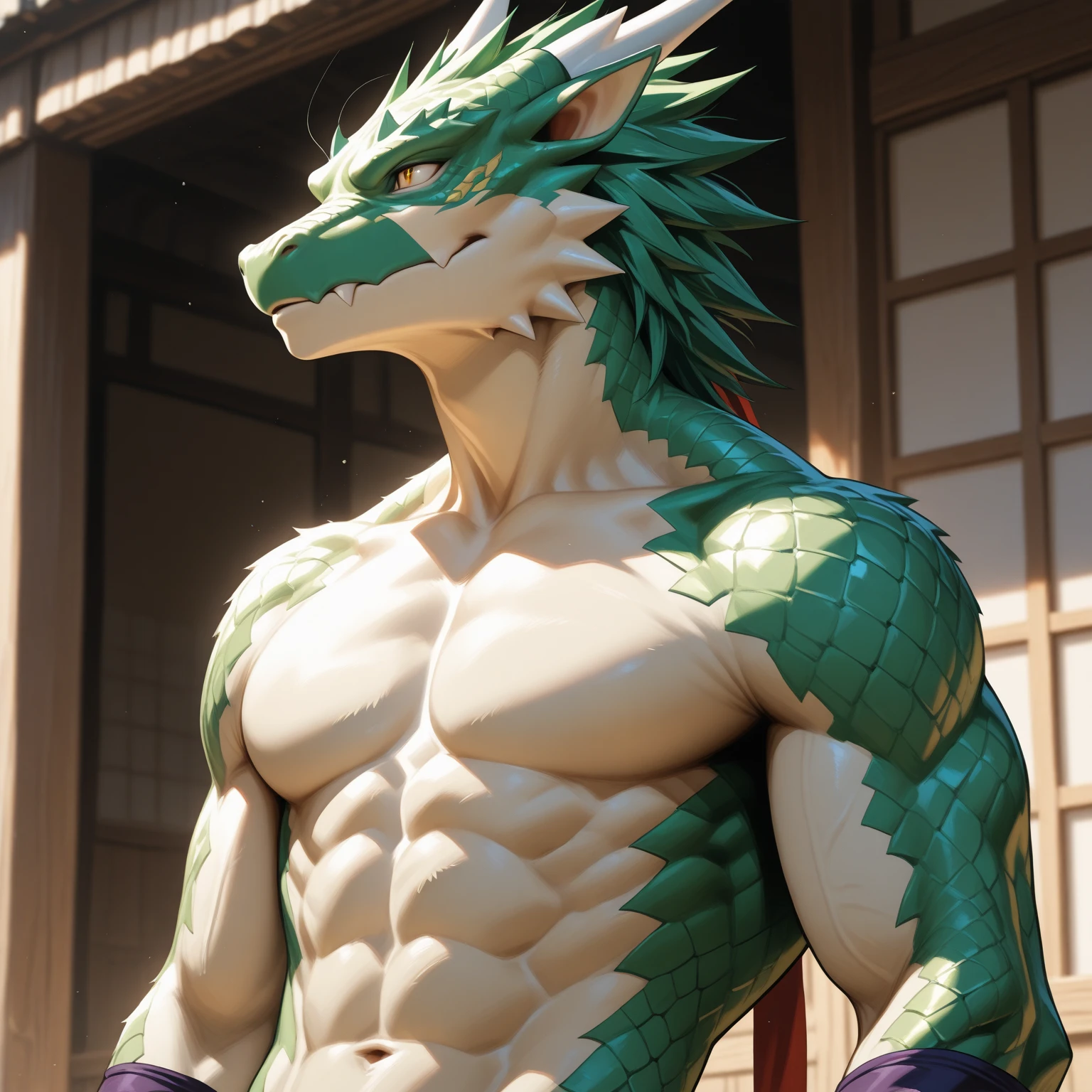 Massive orange dragon body、beak like a bird、sharp beak、Dragon in ethnic clothing、A shaggy scarlet mane、A lot of horns、Abdomen wrapped in a cloth、very small face、Crocodile-like scales、abnormally large muscles throughout the body、Beautiful and well-developed abuscles like a bodybuilder、drunken look、Reddish face、thick tongue、Drool、Overflowing armpit hair、Pointy pubic hair、sharp fangs、Composition looking up from below、thick tail、Japanese room background、Pose with hips thrusting forward、arched back pose、A huge bulging crotch band、Dragon's foot sole、sharp nails