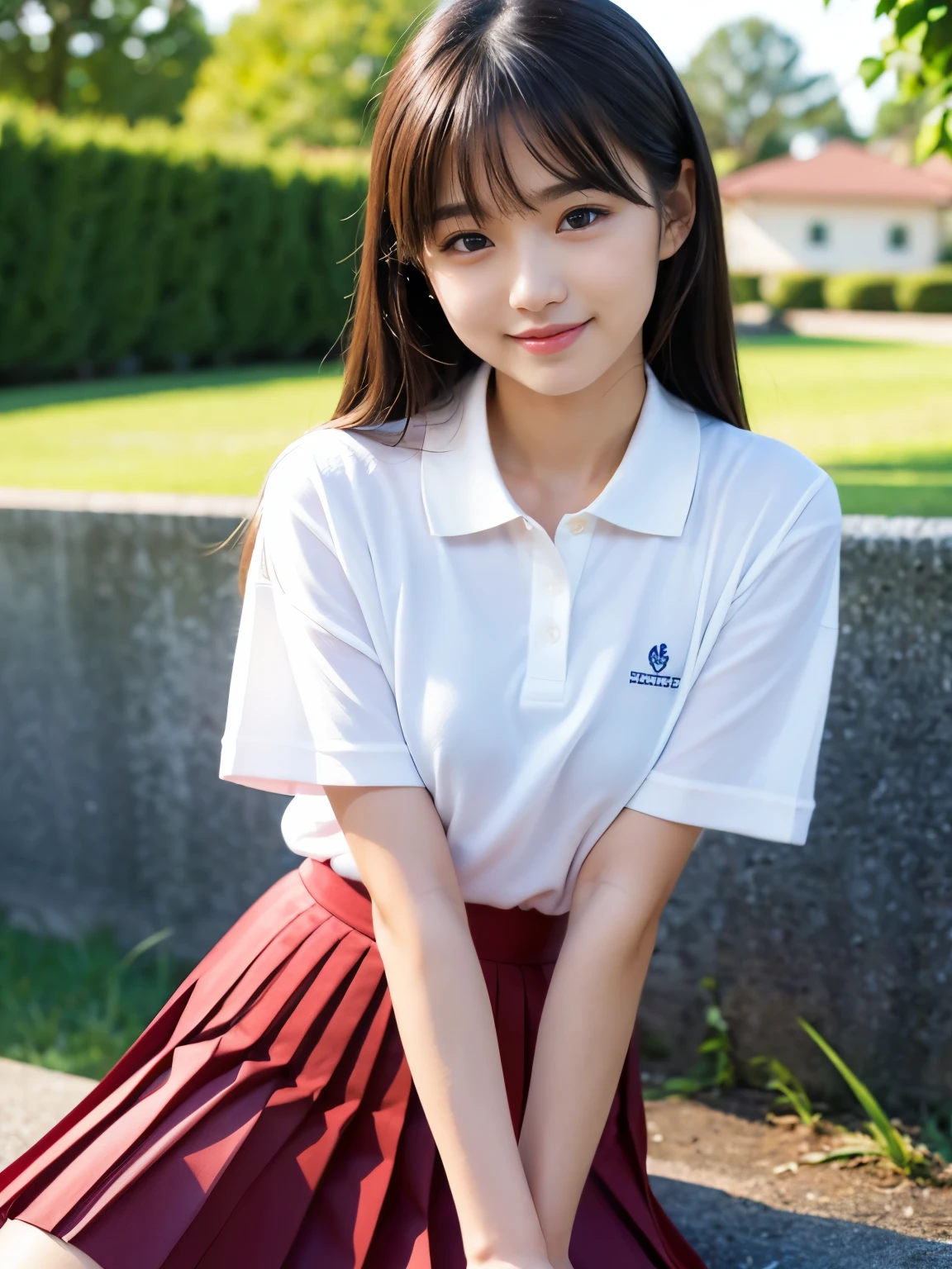 master piece:1.5、14young girl、Japanese、Braid、cute face、insane precision、delicately drawn hair、perfect anatomy、small breasts、small breasts、healthy body、Very cute、School Idol、(smile:0.1)、cute pose、hands tied behind one's back、((collared short sleeve shirt, light blue shirt, school uniform, Grey plaid pleated skirt))、park bench、Landscape with pigeons、highest quality、ultra high resolution、Super detailed、cinematic lighting、professional photographer