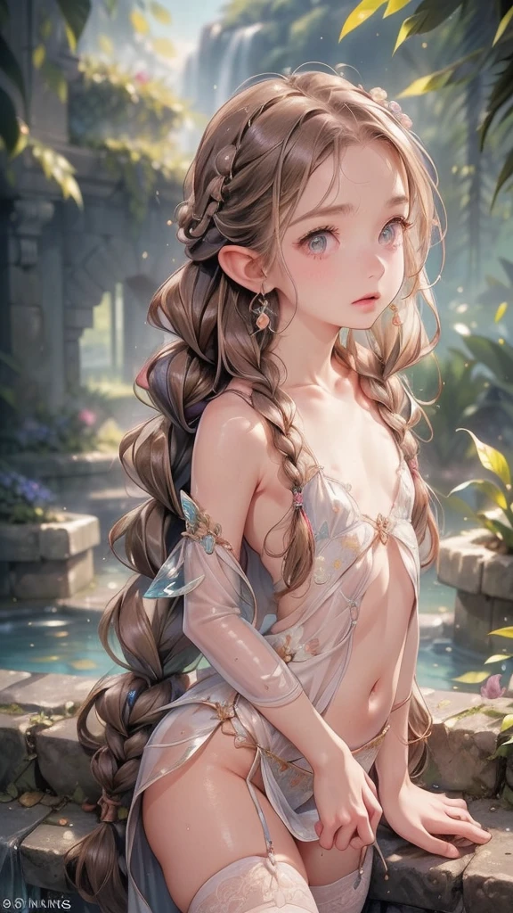 ((best quality)), ((masterpiece)), (detailed), 1girl, (big forhead:1.2),extremely detailed cute anime face, (((flat chest))), (flat chest:1.1),((((long twin braids,tight braids,long braid,braided hair,long hair)))),intricate eyes,beautiful detailed eyes,symmetrical eyes,(((detailed face))),beautiful detailed lips, looking at this, (((embarrassed))),(horrified expression),(panic),(crying),highres,(best quality),(ultra detailed,extremely detailed),perfect face details, ((masterpiece:1.4, best quality))+, (ultra detailed)+, long twintails, cute girl, (flat chest:1.1), small breasts, slim body, skinny, ((narrow hips)), prominent collarbones, skinny arms, flat stomach, visible hip bones, long hair, red hair, white hair, blonde hair, dark hair, ponytail, thick ponytail, heavy ponytail, small breasts, perfect face, small breasts (flat chest:1.1), NSFW, long revealing gown,Detailed body,Full limbs,(from behind), (turning), (front facing), NSFW, (flat chest:1.1), wild environment, jungle, nature