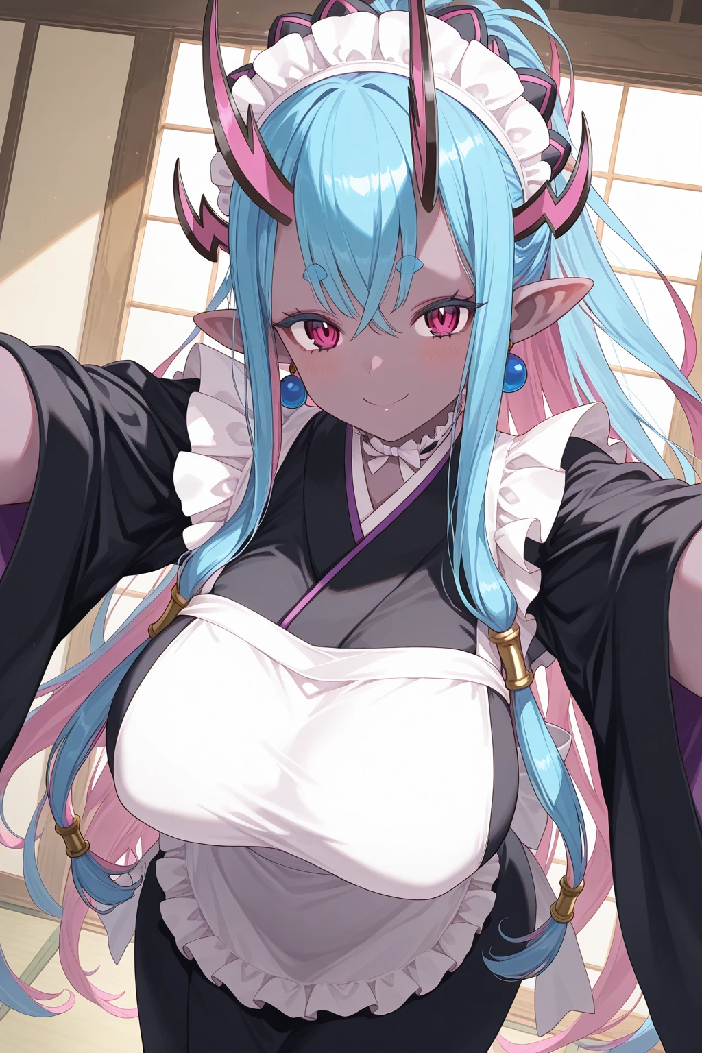 (tanned elf girl), (nice breasts:1.2), (black mage:1.2), (darker skin:1.1), (loose clothes:1.1), (silver hair purple eyes:1.1), (one side braid), (Switzerland clothes:1.2)