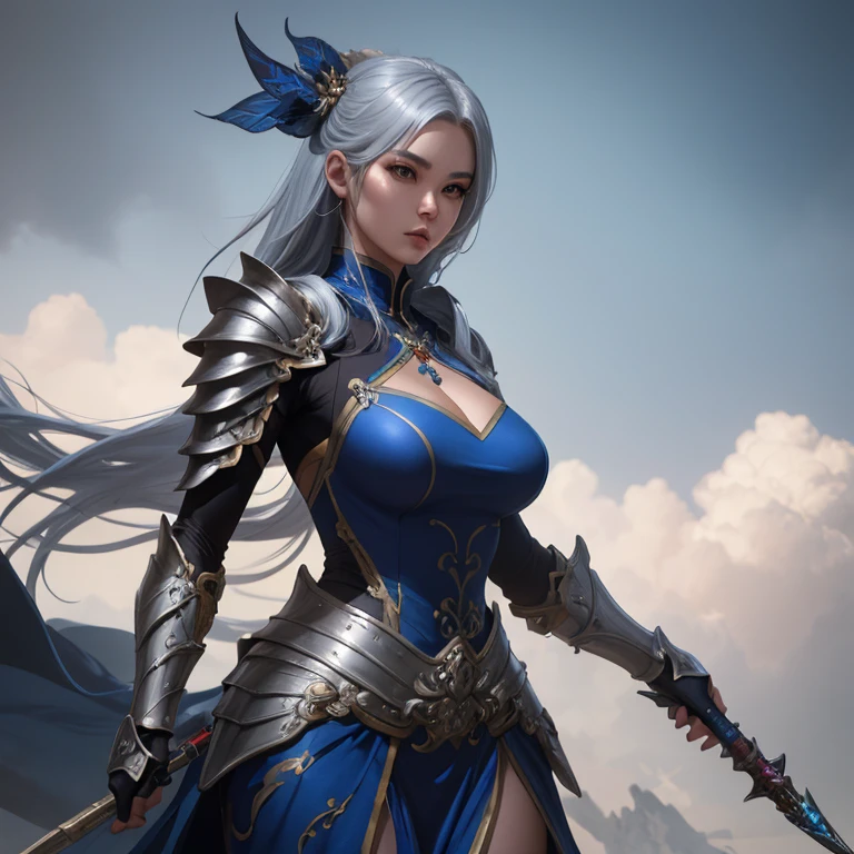 a close up of a strong amazon woman in her 30's, with blue eyes and white hair, wearing a blue and white layered ballgown dress, showing off her thighs, a heroine with blue eyes, female swordswoman with ice power, princess, standing in a chinese temple, new costume concept design, in the style of blade and soul, full body character concept, detailed character design, lunar themed attire, costume with blue accents, colored concept art, highly detailed character design, highly detailed face, very highly detailed face, unreal engine render, final fantasy 14 style