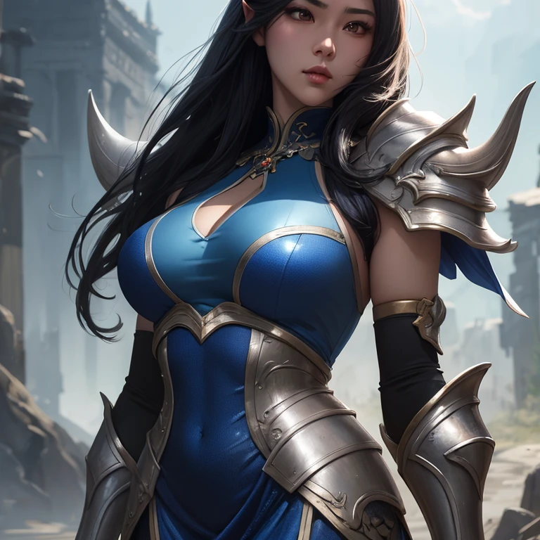 Close up of woman in silver and blue dress, Pan Chengwei on artstation, author:Yang J, Detailed fantasy art, Stunning character art, Fan Art Best Artstation, Epic and beautiful character art, Beautiful armor, Extremely detailed Artgerm, Detailed digital anime art, artstation pixiv like artgerm, Armor Girl
