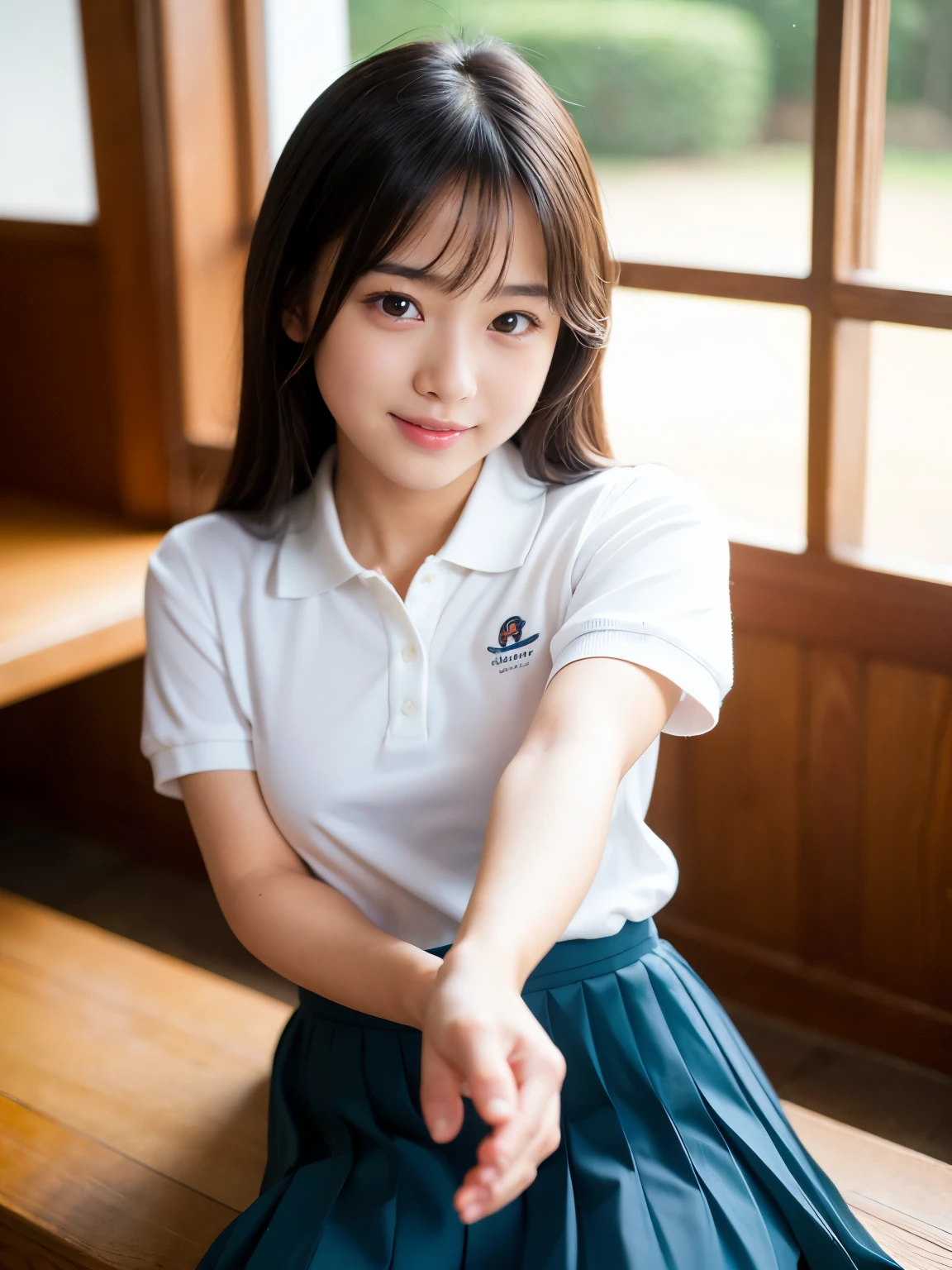 slim figure, femele, Dark blue polo shirt, white pleats skirt, , A smile, Watering in the garden, bangss, (((a junior high school student))), Short Bob Twin Tail Hair,realskin, (((sixteen years old))), bangss, hoses, Sun flower, watering can