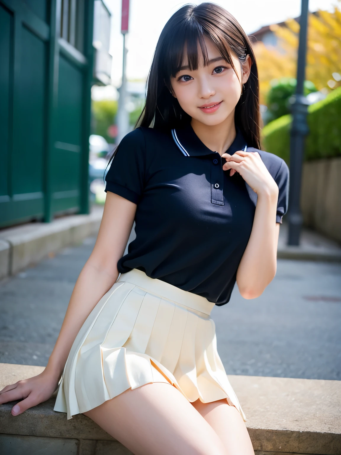 A woman who has been and tied up、Hands are tied with ropes、sitting in the grass、blue sky、Facing forward、White panties are visible、21talent、Beauty、Well-formed face、Make your eyes even、Beautiful black hair、Has bangedium build、Well-balanced proportions、Beautiful legs、Dark short-sleeved shirt、Long skirt、Like real life、highest quality、
