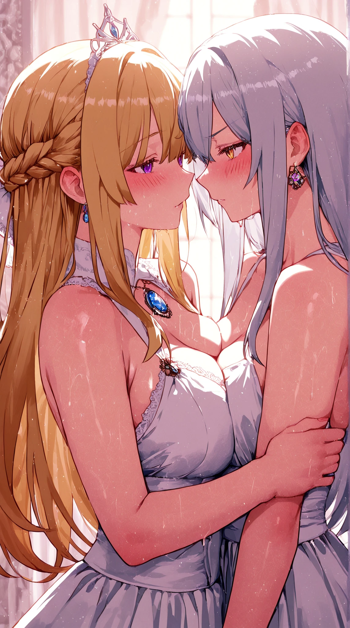 2 beautiful girls, perfect bodies, both with totally different characteristics, giving a passionate kiss, one slaps the other's ass