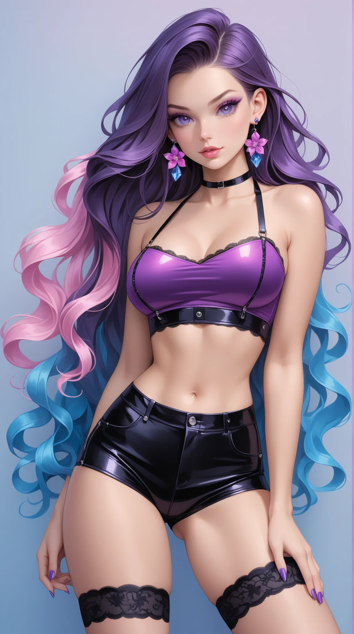 a woman with colorful hair and a black top, rainbow hair overlay, vibrant realistic colors, vibrant fantasy style, rainbow colored hair, colorfull digital fantasy art, high colored texture, realistic digital art 4k, realistic digital art 4 k, rainbow hair, rossdraws pastel vibrant, epic 3 d abstract emo woman, stunning art style, rainbow colored, colorful hair